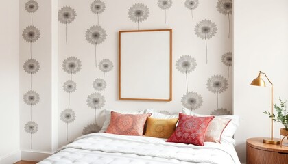 Bohemian master bedroom with lotus motifs and a blank white a4 frames mockup hanging on the wall.