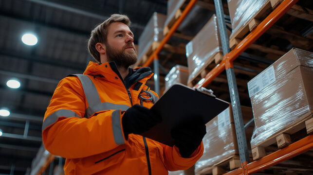 21h A warehouse worker, clad in a high-visibility safety uniform, stands on a sturdy metal ladder, carefully inspecting inventory on a high storage shelf. The worker holds a clipbo