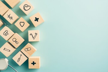 Wooden block featuring healthcare and medical emoticon icons, representing healthcare and insurance concepts