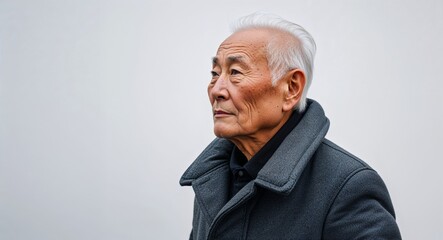 Fototapeta premium Asian elderly man dark gray winter coat side view portrait on plain white background