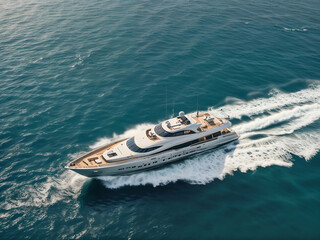 Fototapeta premium Luxury Yacht on the Open Sea: A sleek, modern yacht glides effortlessly across the cerulean waters, leaving a foamy wake in its path. The sun glints off its polished hull.