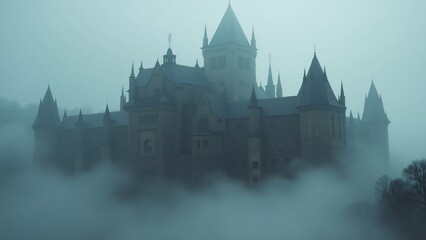 Obraz premium A majestic historic building with fog at its base, creating a mysterious and grand atmosphere for a historical setting.