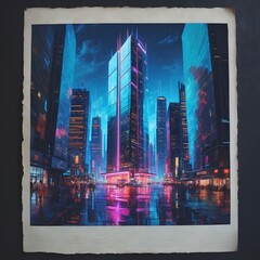 Futuristic Neon Cityscape with Skyscrapers and Reflections