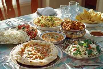 Variety of delicious Indian dishes served on a white tablecloth, including rice and naan bread. Traditional meal with colorful plates.