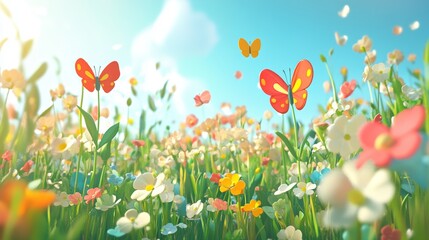 cartoon art 3D fields full of flower gardens and cute, colorful butterflies background --ar 16:9 --v 6.1