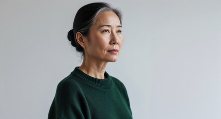 Asian woman dark green sweater middle age side view portrait on plain white background