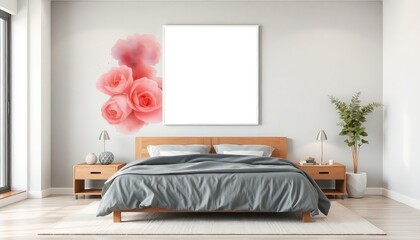 Artistic master bedroom with watercolor effects and a blank white a4 frames mockup hanging on the wall.