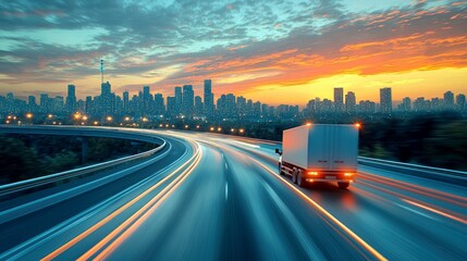 Obraz premium Truck on Highway at Sunset: Cityscape Logistics and Transportation
