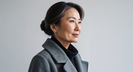 Asian woman gray wool coat middle age side view portrait on plain white background