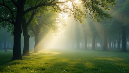 A peaceful urban park with fog between the trees, creating a serene and refreshing atmosphere for a morning walk.