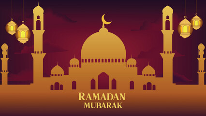 Ramadan Mubarak Celebration - Golden Mosque Silhouette