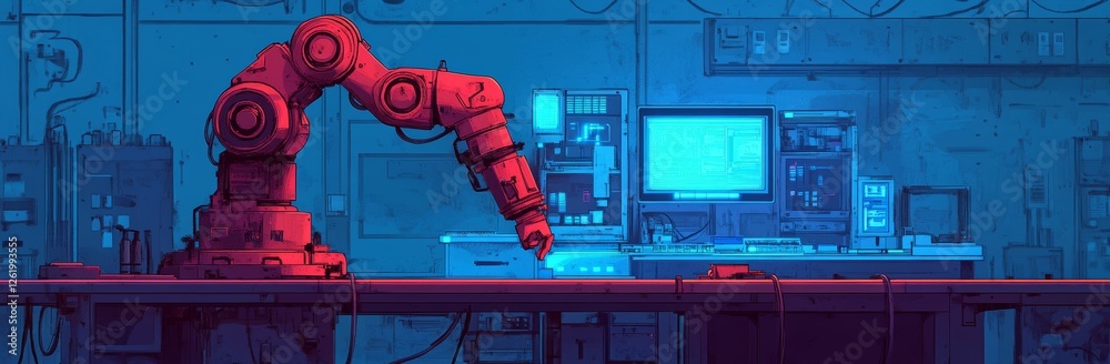 Poster horizontal background of an automated scientific laboratory. robotic arms performing tests in flasks