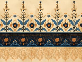 Vintage Floral Ornamental Pattern with Colorful Decorative Leaves and Flowers on Antique Wall Mural Backdrop