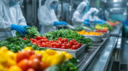 A food processing factory background with workers in hygiene suits handling fresh produce on stainless steel surfaces,