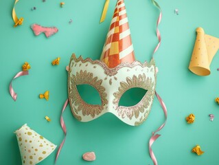 Carnevale themed decorations. The mask is traditional and festive, with gold trim.