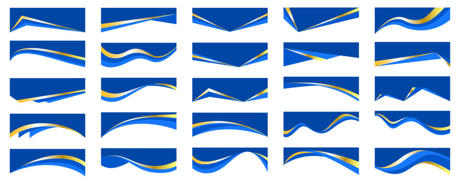 Abstract border shapes for banner design. Vector header with golden line sections on white background. Website page templates. Top separator modern elements. Simple blue wavy horizontal menu for site.