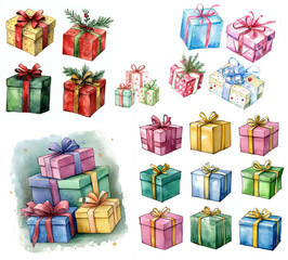 Watercolor of A collection of beautifully wrapped gift boxes in various colors and sizes.