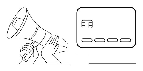Hand-held megaphone emitting sound waves beside a credit card. Ideal for advertising, marketing, financial services, promotions, payment solutions, customer engagement, online banking. Line metaphor