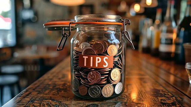 Simple image of a glass jar filled with coins and labeled "Tips," symbolizing gratitude, service appreciation, and casual savings.