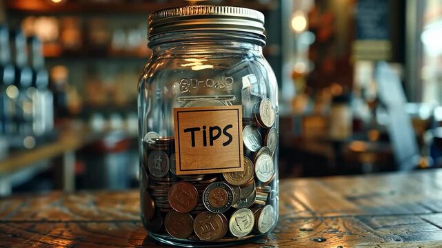 Simple image of a glass jar filled with coins and labeled "Tips," symbolizing gratitude, service appreciation, and casual savings.