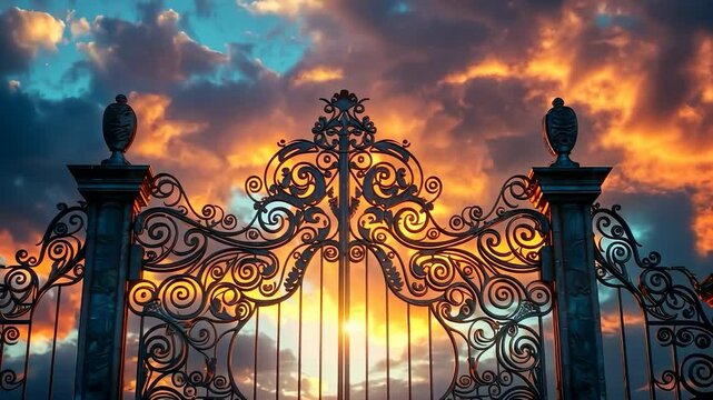 Eerie image of large gates set against a dark, pre-storm sky, evoking a spooky Halloween atmosphere with hints of mystery and a cemetery vibe.