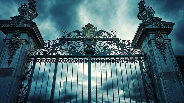 Eerie image of large gates set against a dark, pre-storm sky, evoking a spooky Halloween atmosphere with hints of mystery and a cemetery vibe.