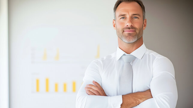 confident business coach stands with arms crossed, showcasing professional demeanor in front of financial growth chart. atmosphere conveys success and motivation