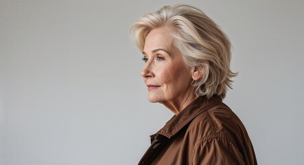 Fototapeta premium Blonde elderly woman dark brown jacket side view portrait on plain white background