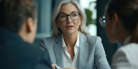 Professional female executive wearing a gray blazer, sitting at a conference table with other executives.