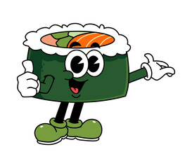 Retro sushi mascot logo, maki sushi, sushi roll thumbs up pose