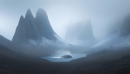 Mystical misty mountain landscape with a hidden lake, serene and atmospheric scene.