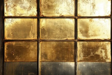 Nine rectangular windows reflect light in a rustic frame