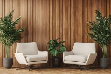Pair of minimalist lounge chairs with cushioned seats, perfect for modern living room spaces. Surrounded by greenery in potted plants.