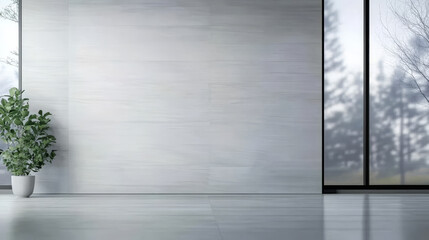 Obraz premium Minimalist interior design featuring large windows and a potted plant in a serene setting