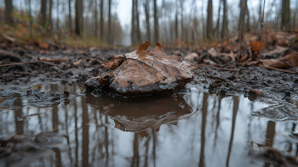 Autumn leaf puddle reflection forest path