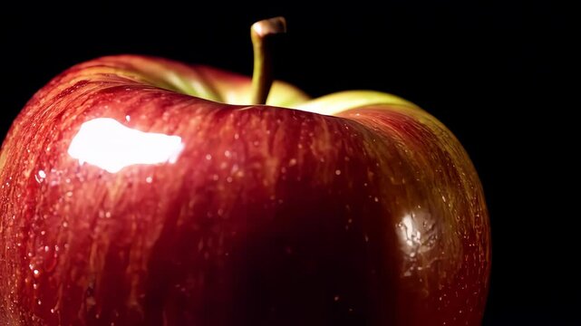 Rotating red apple on black background: fresh fruit highlighting glossy texture and color