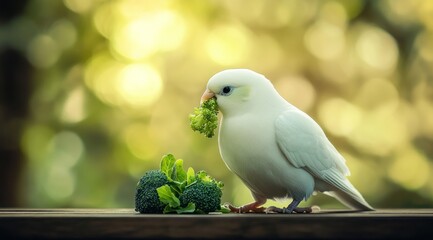 Fototapeta premium a white canary eating broccoli on a wooden table in the forest, with a beautiful background