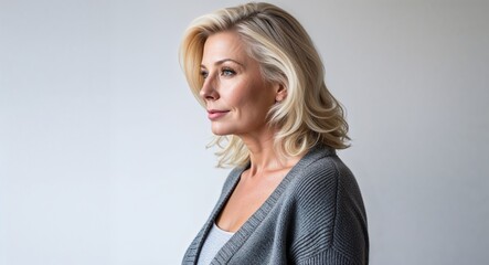 Fototapeta premium Blonde woman gray cardigan middle age side view portrait on plain white background