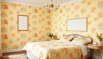 Vintage floral master bedroom in soft yellows and a blank white a4 frames mockup hanging on the wall.