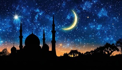Fototapeta premium Silhouette of a mosque at night under a vibrant starlit sky with a crescent moon. Dark, mysterious, and peaceful atmosphere