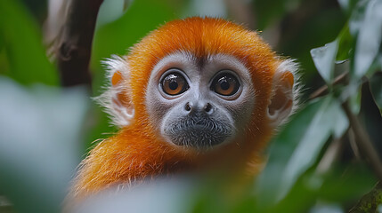 Fototapeta premium Curious Red-shanked Douc Langur: A captivating portrait of a young Red-shanked Douc Langur peering from behind lush foliage, with its distinctive red fur, captivating gaze, and striking features. 