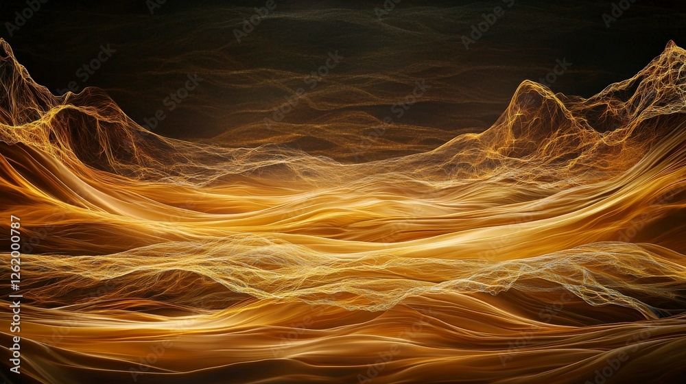 Poster serene abstract art golden-brown plane moving through an ethereal landscape from a dynamic perspecti