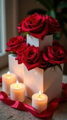 Fototapeta premium A luxurious display of red roses arranged in white vases, accented with glowing candles and a silky red ribbon, creating a romantic and elegant ambiance perfect for celebrations