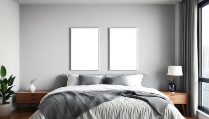 Urban master bedroom with cityscape prints and a blank white a4 frames mockup hanging on the wall.