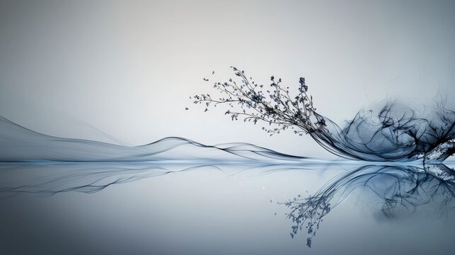 Gentle grayish-blue lines tremble in motion serene reflections abstract art calm environment aesthetic viewpoint