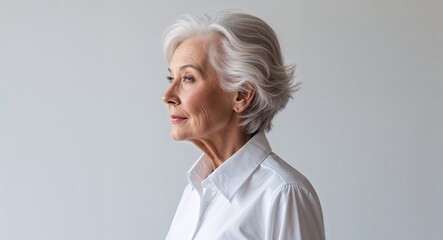 Caucasian elderly woman white dress shirt side view portrait on plain white background