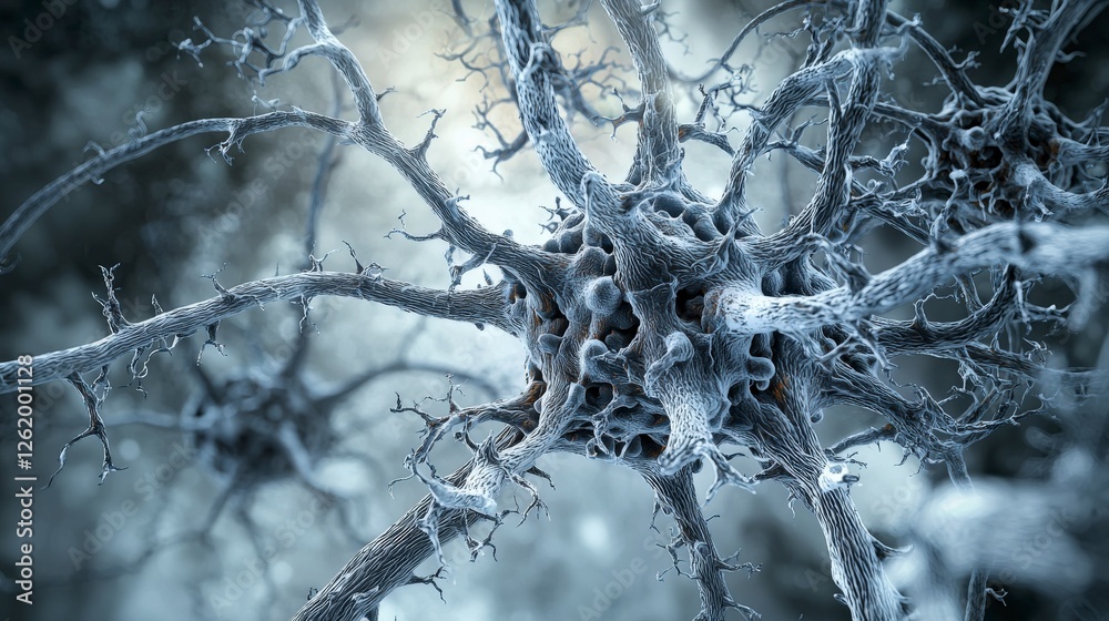 Poster Intertwining gray neural curves illustrating complex connections in a microscopic world