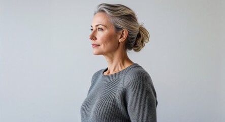 Caucasian woman gray sweater middle age side view portrait on plain white background