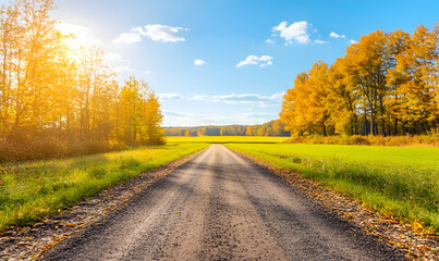 Naklejka premium Serene autumnal landscape; sunlit gravel road through golden fields and vibrant trees. Perfect for travel, nature, and seasonal themes.