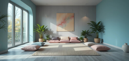 A serene meditation room with calming colors, soft textures, and a harmonious arrangement of cushions and plants.